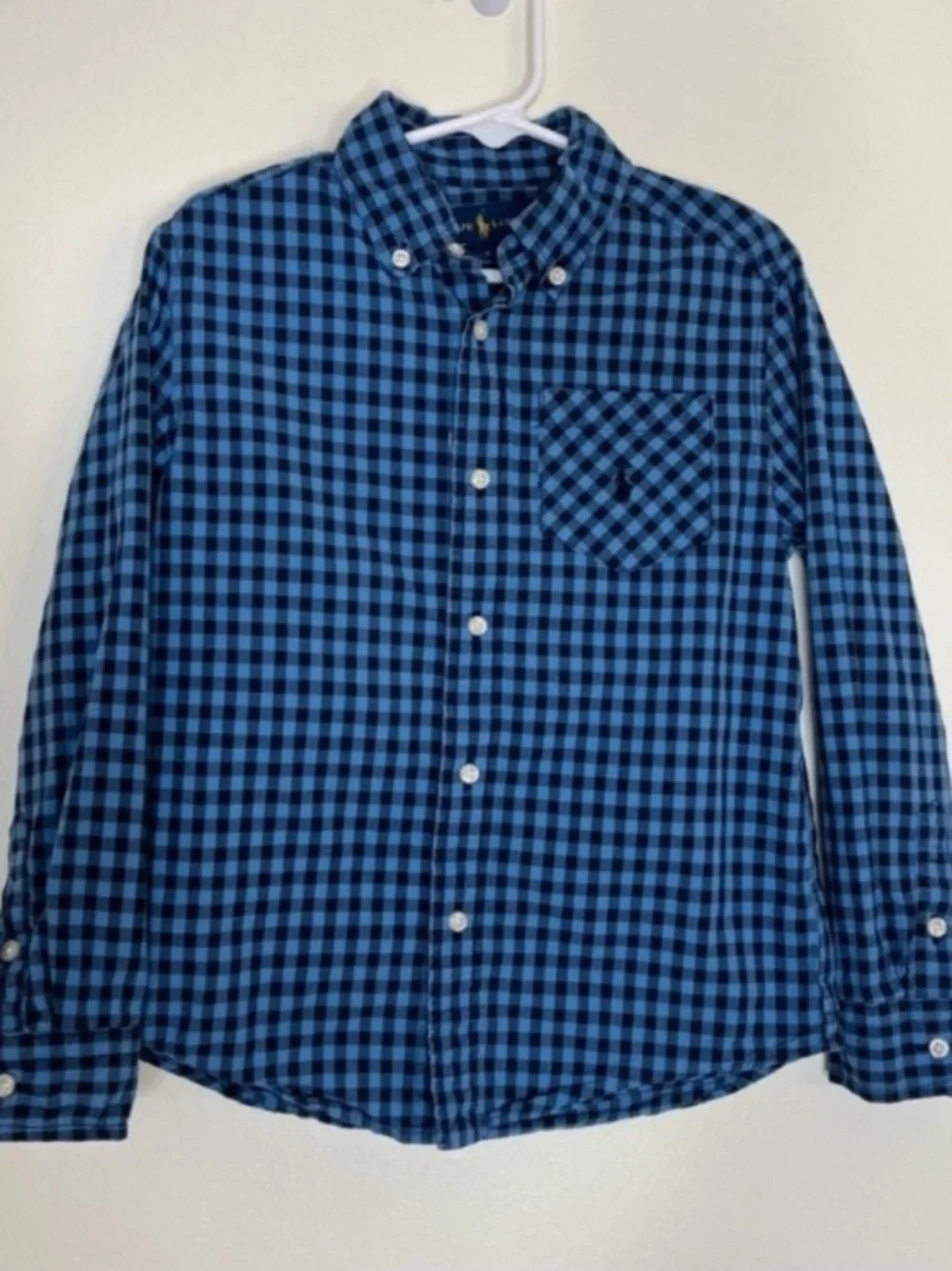 Boys Ralph Lauren blue checked plaid long sleeve cotton button down shirt 6